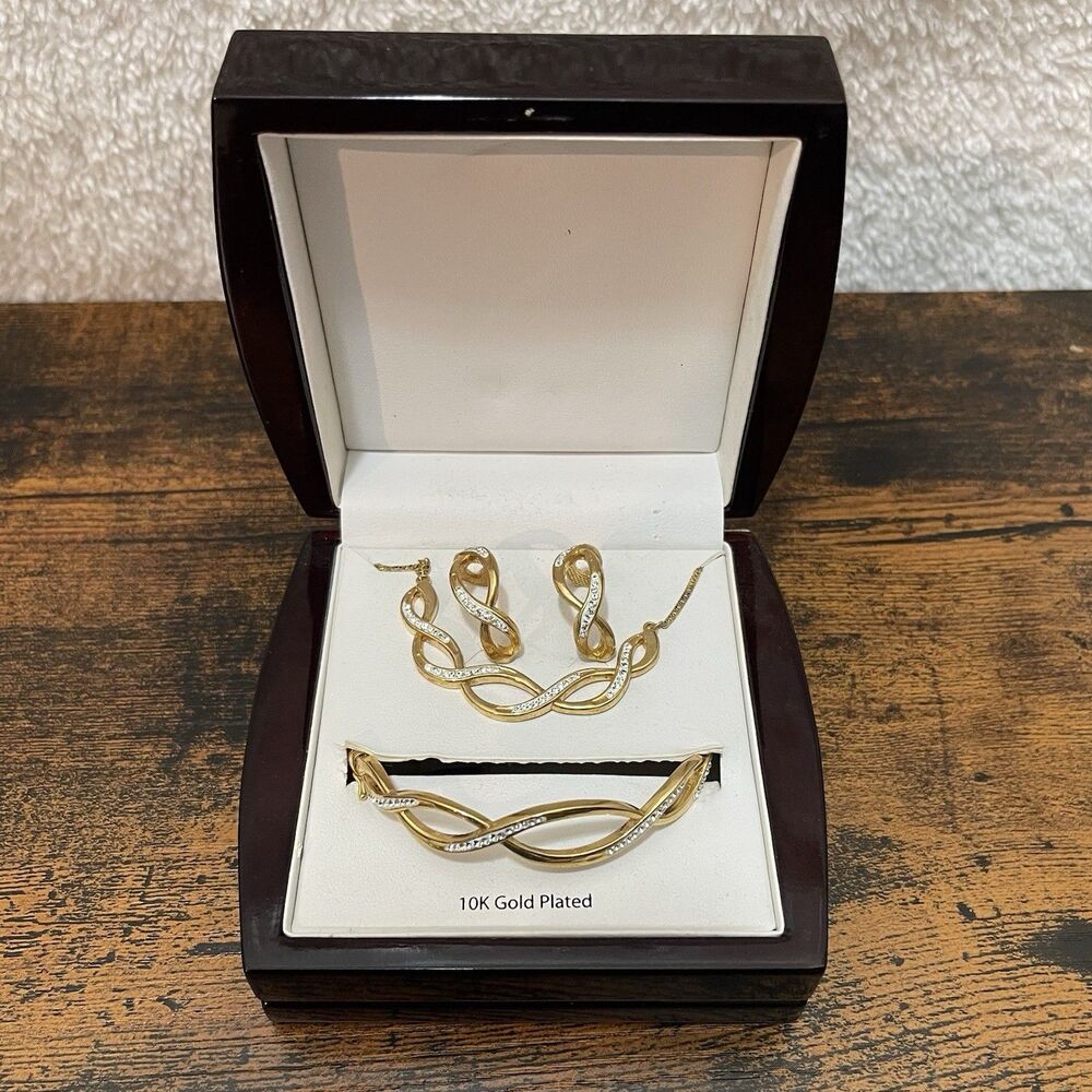 10K GP Gold Plated Jewelery Set Necklace Earrings Bangle Crystal Set Box Y2K NEW - Picture 5 of 16